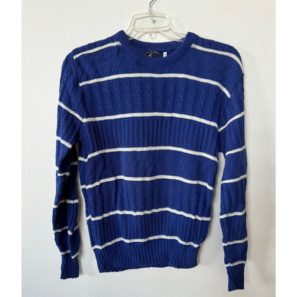 Vintage Striped Sailing Sweater Mens Sz L Blue 1980s Pullover Marine Sport USA - Picture 1 of 7